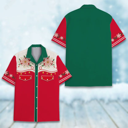 Multicolor view highlighting the complete festive pattern on the Hawaiian shirt