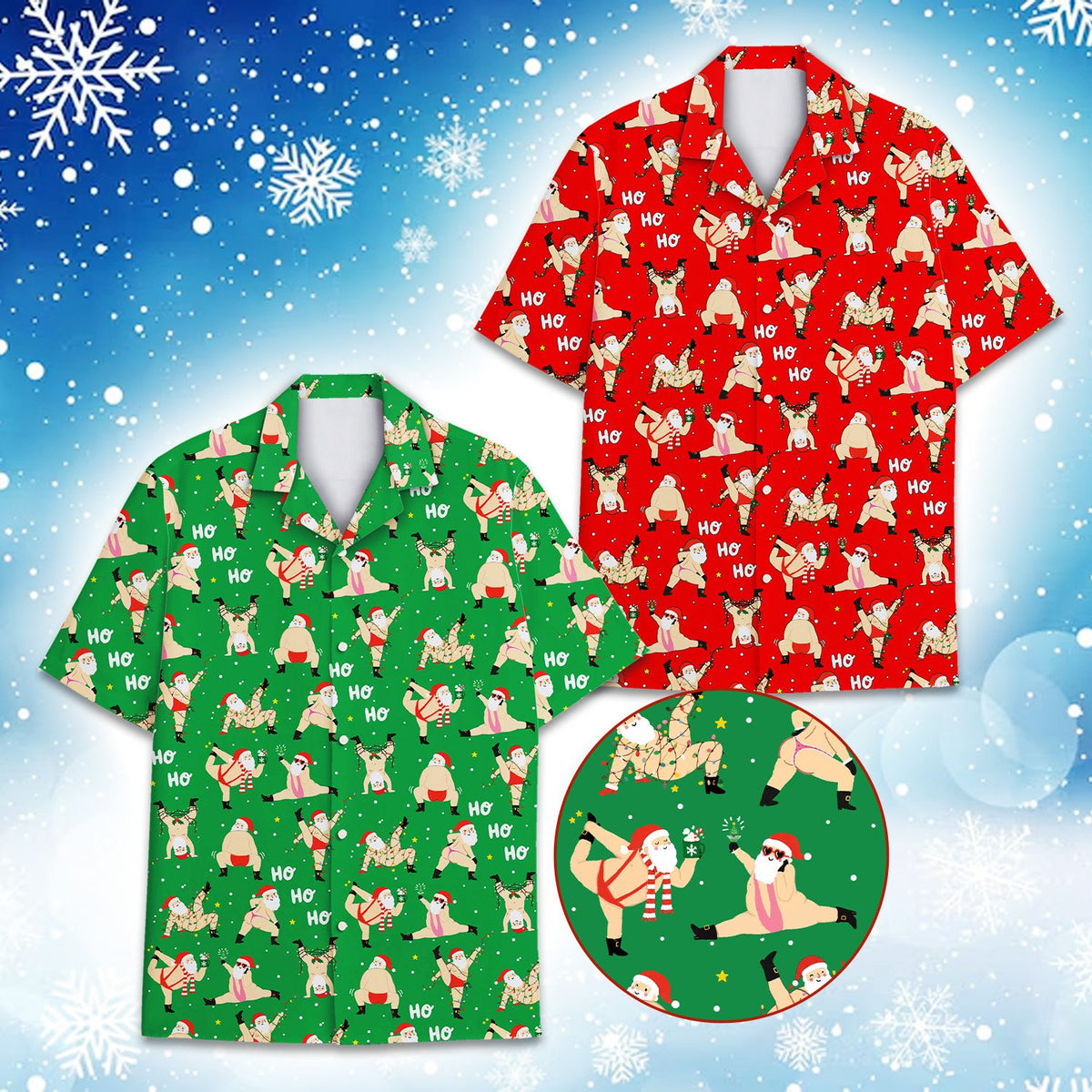 Detailed view of the yoga Santa pattern and HO HO HO text