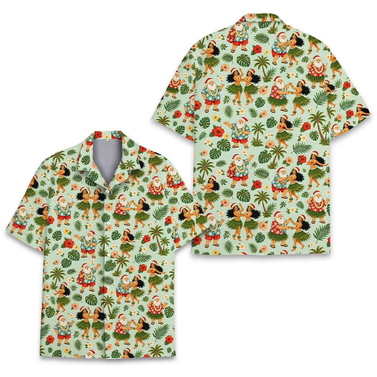 Close-up view of the fabric showing the hula dancer and Santa design
