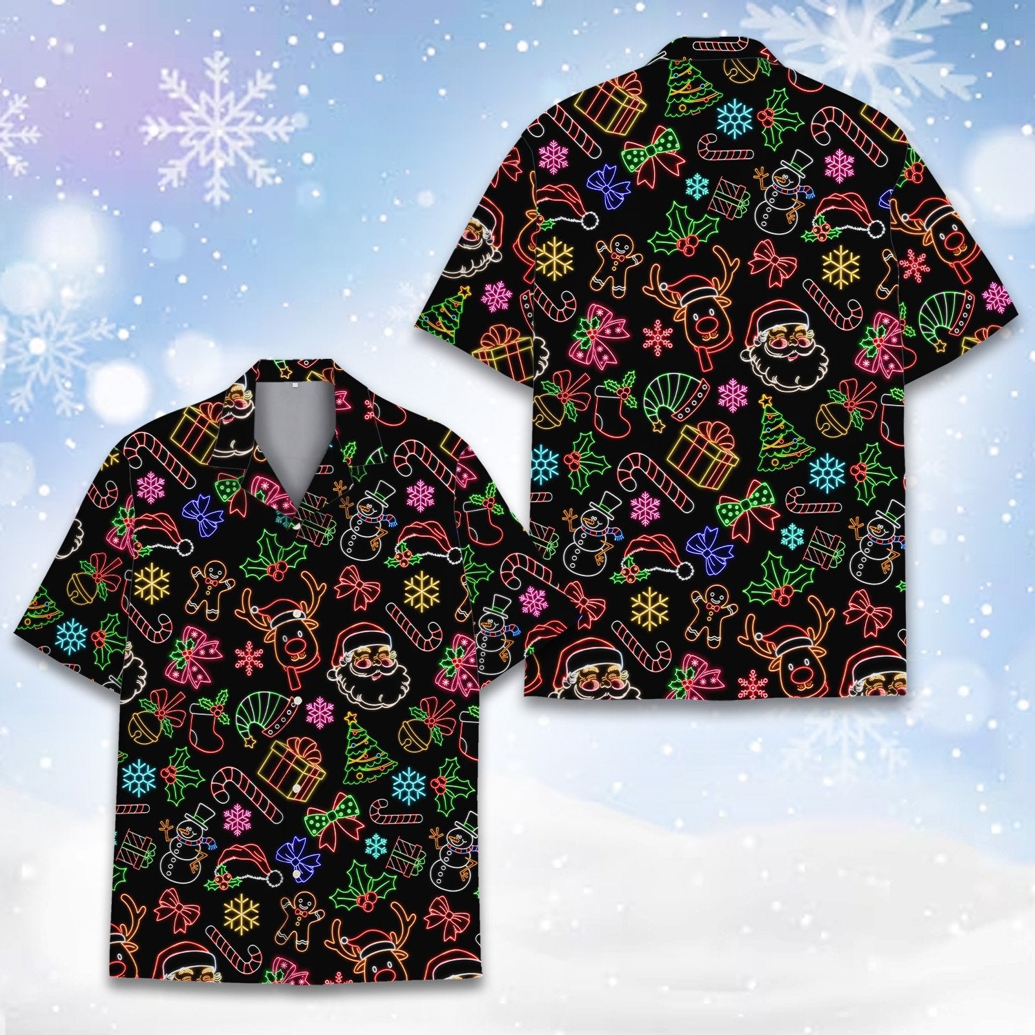 Additional detail view of the black christmas hawaiian shirt pattern