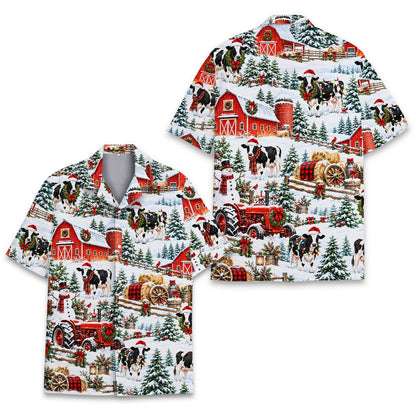 Close-up detail view of the winter farm scene and tractor print on the fabric