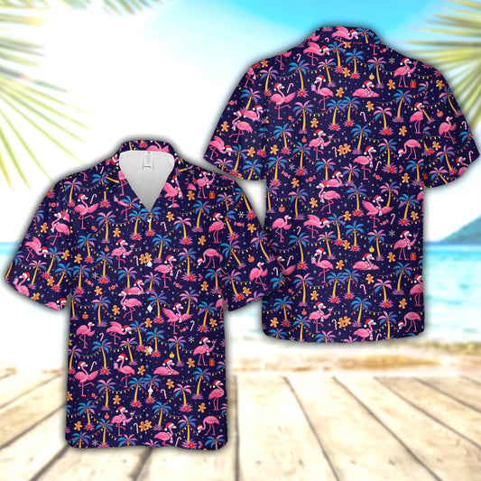 Navy christmas hawaiian shirt featuring pink flamingos in Santa hats and decorated palm trees on a dark background