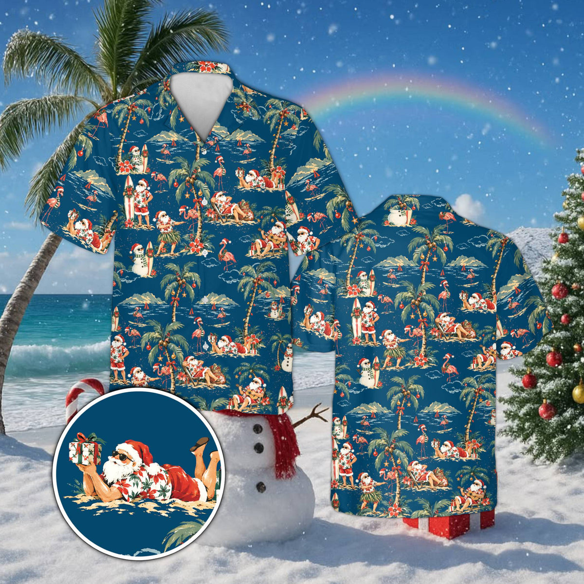 Navy blue tropical Santa christmas hawaiian shirt for matching family, front view