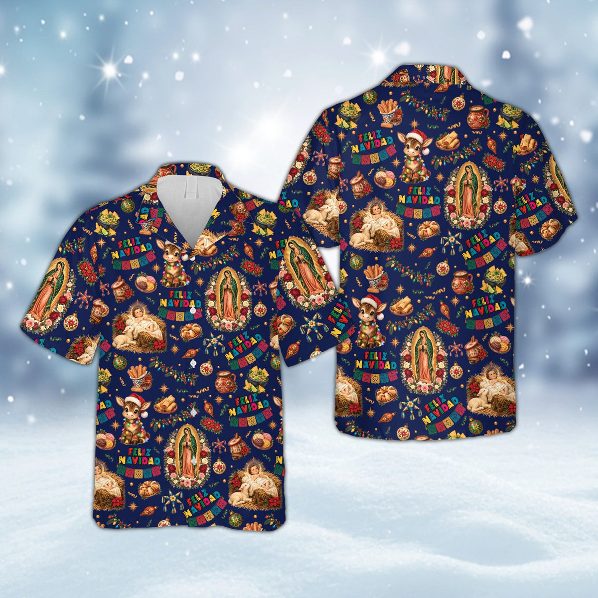 Navy blue front view of the festive holiday hawaiian shirt