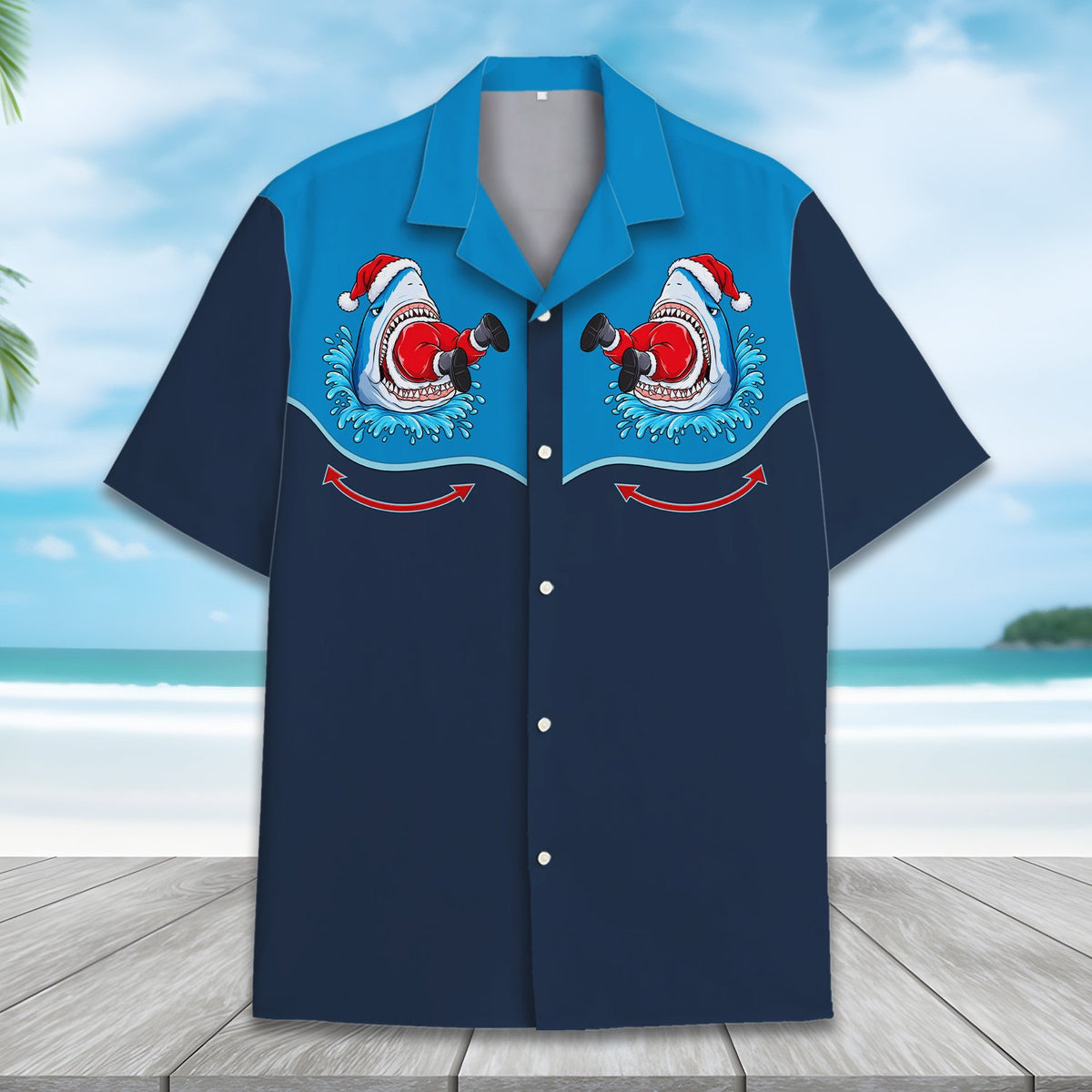 Matching family Christmas hawaiian shirt in navy, alternate front view