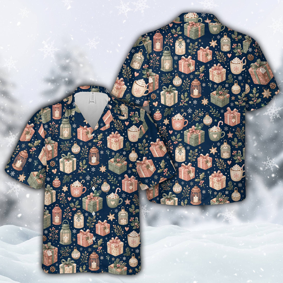 Navy blue hawaiian christmas shirt for matching family outfits, front view