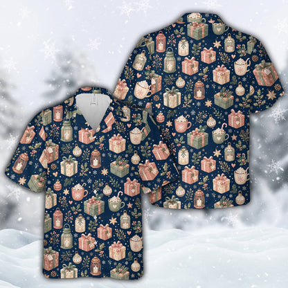 Navy blue hawaiian christmas shirt for matching family outfits, front view