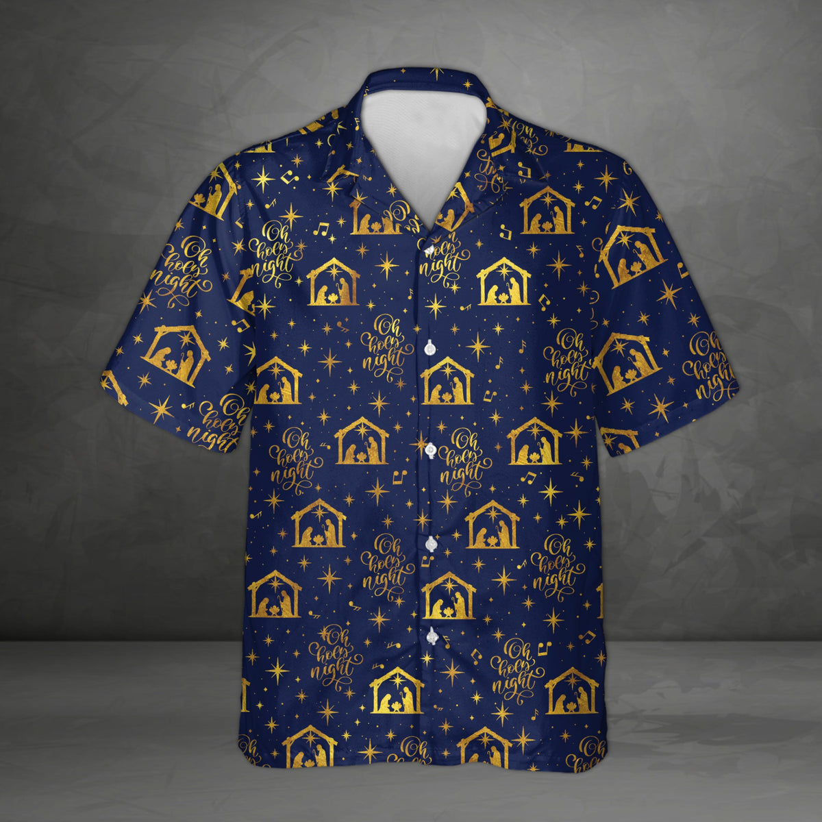 Navy blue matching family christmas hawaiian shirt with gold nativity scene pattern, front view