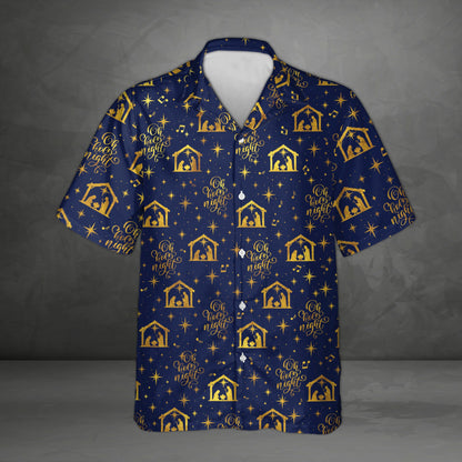 Navy blue matching family christmas hawaiian shirt with gold nativity scene pattern, front view