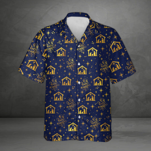 Navy blue matching family christmas hawaiian shirt with gold nativity scene pattern, front view