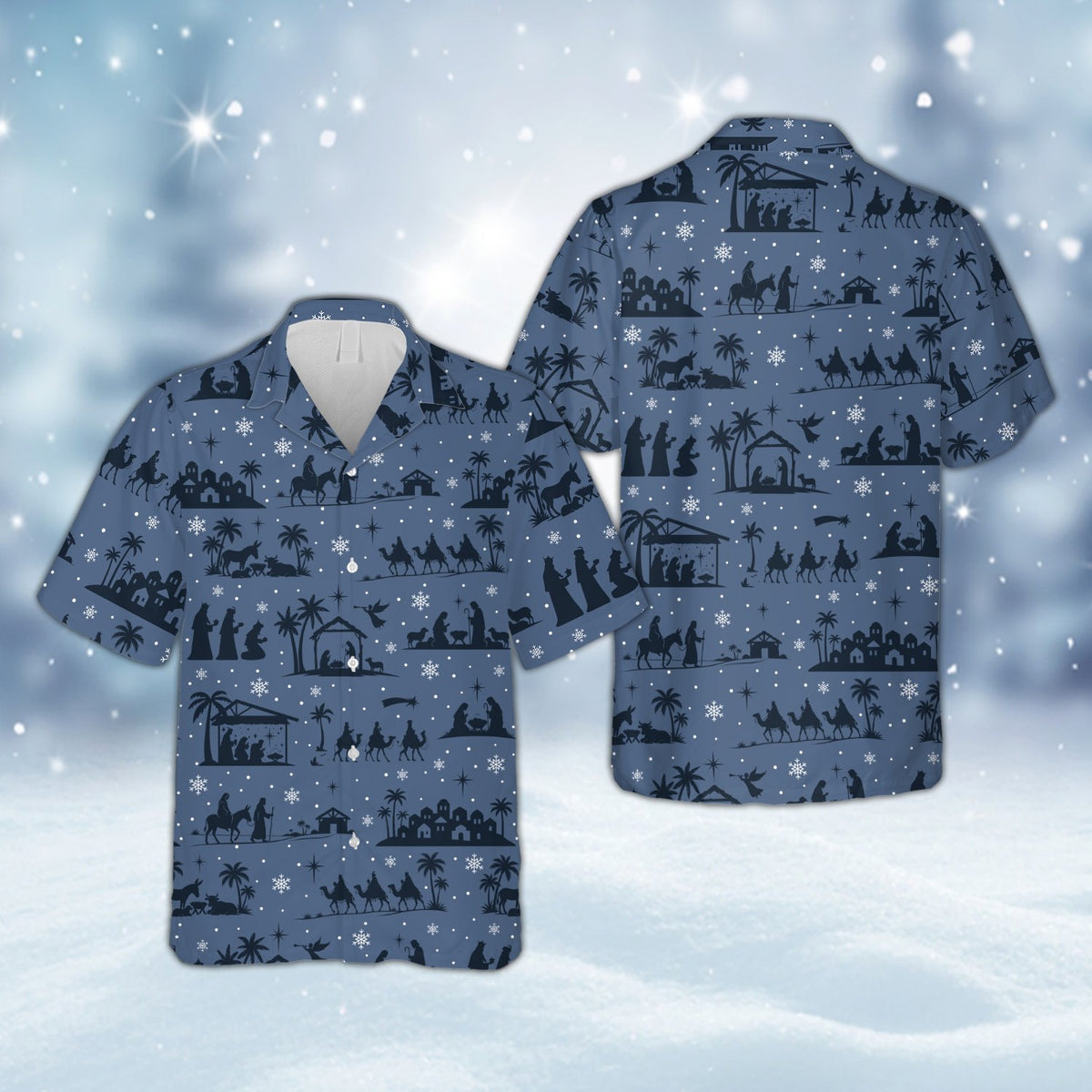 Navy matching family christmas hawaiian shirt, front view