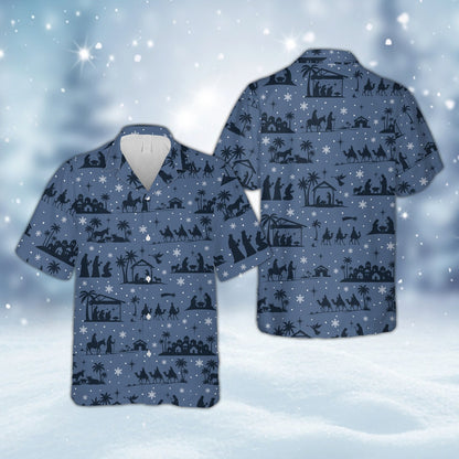Navy matching family christmas hawaiian shirt, front view