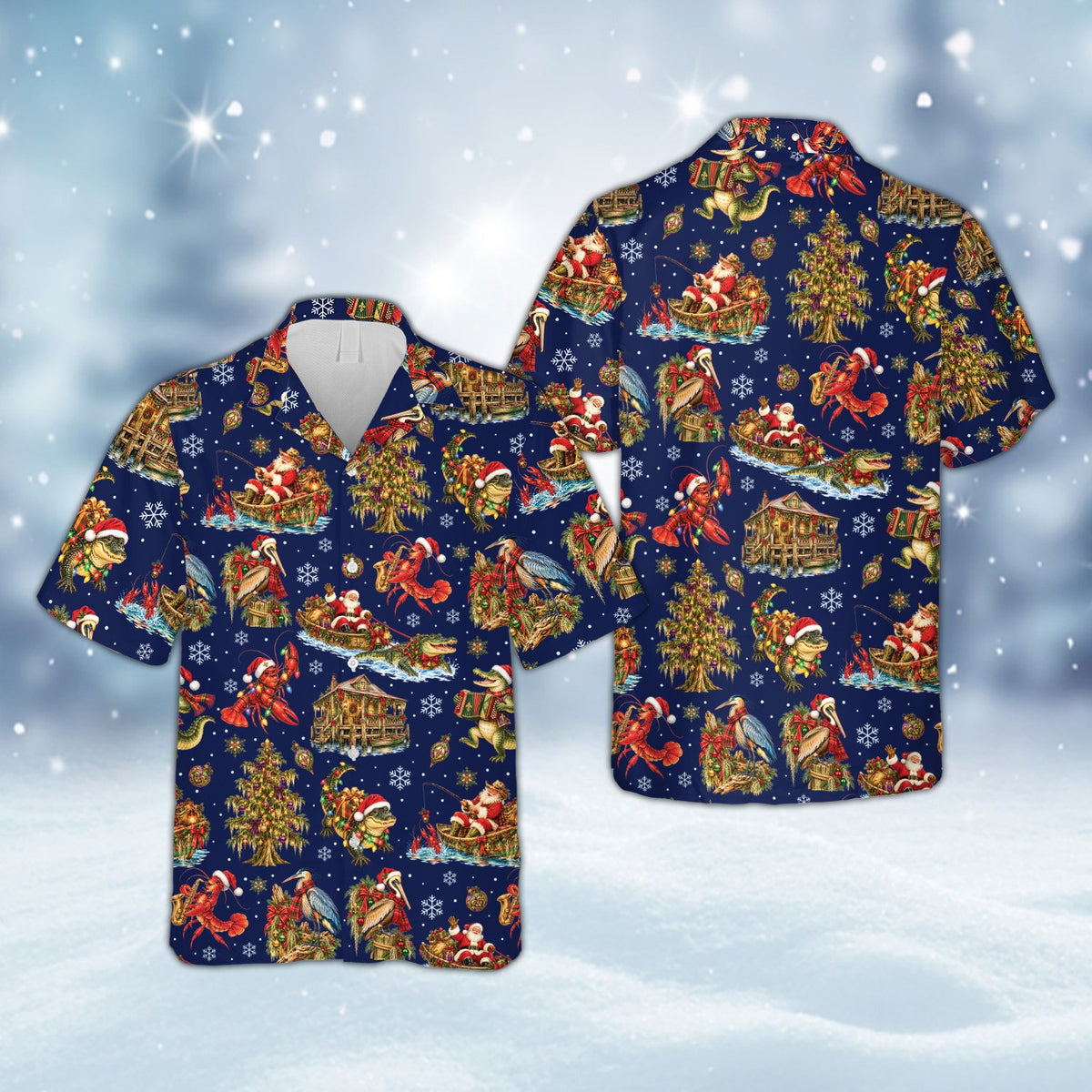Navy matching family hawaiian shirts with Cajun Christmas theme, front view