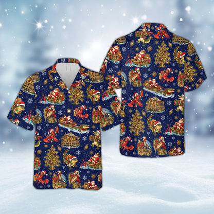 Navy matching family hawaiian shirts with Cajun Christmas theme, front view