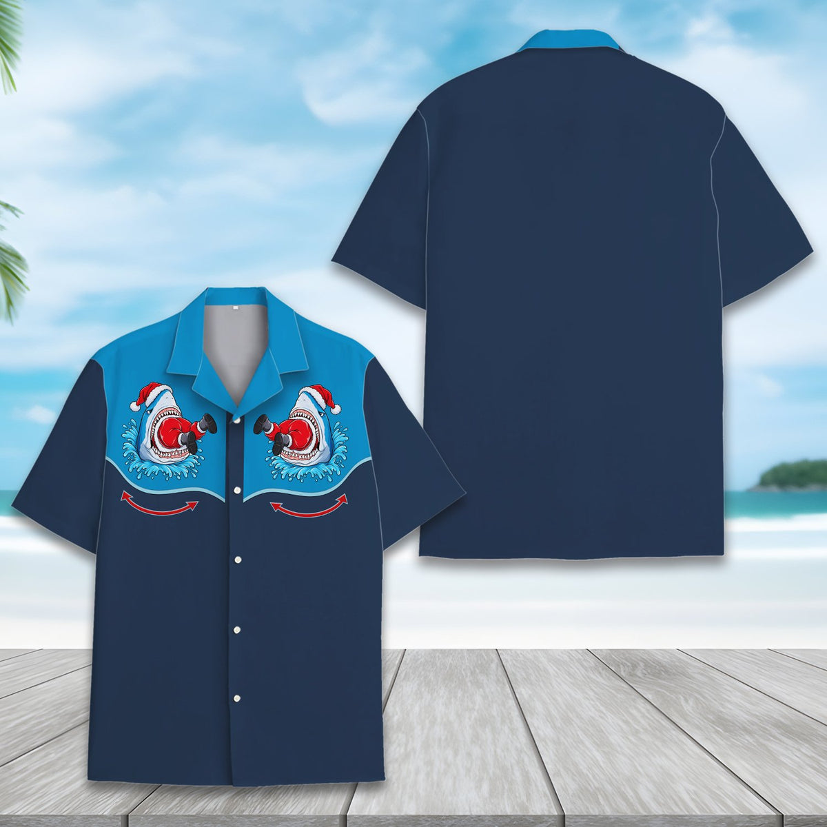 Matching family Christmas hawaiian shirt in navy with shark design, front view