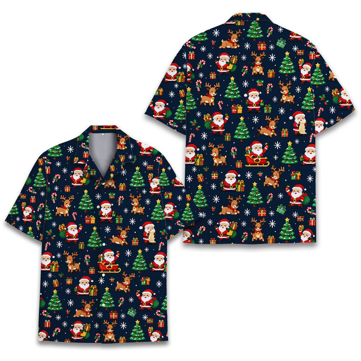 Navy christmas hawaiian shirt with pixel art Santa and reindeer, main view