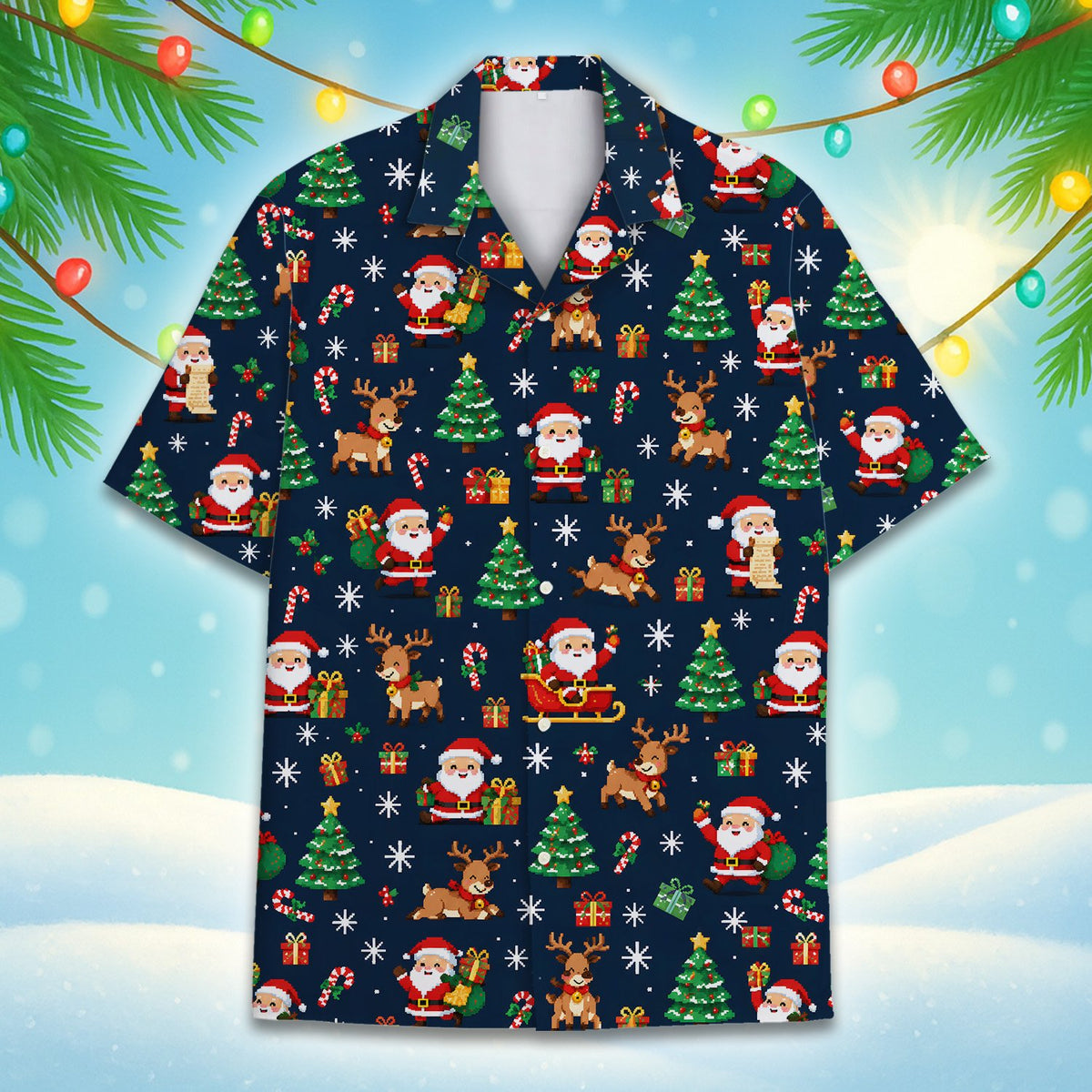Third lifestyle view showing the navy christmas hawaiian shirt