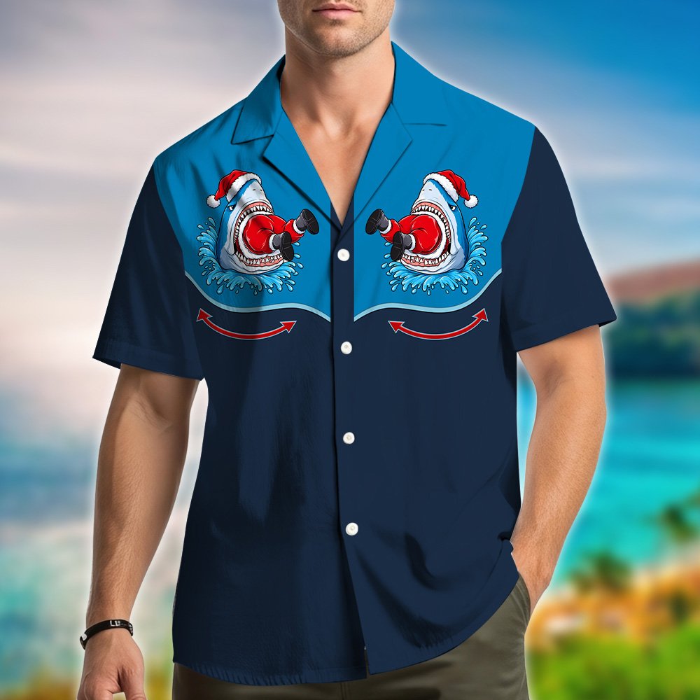 Lifestyle view highlighting the navy matching family Christmas hawaiian shirt