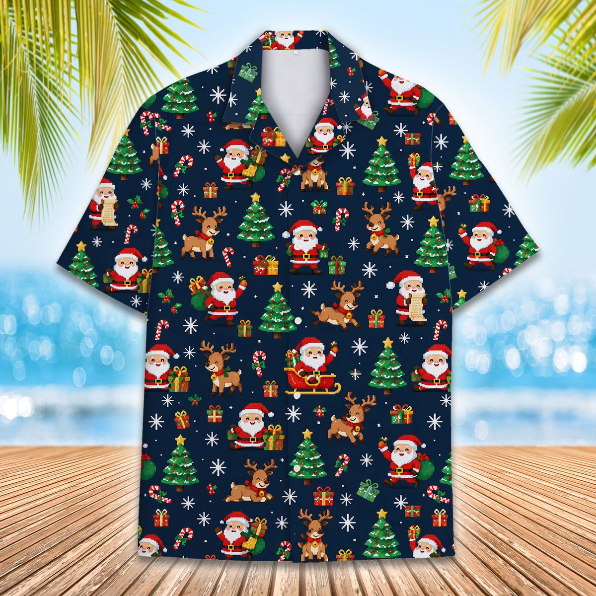 Lifestyle view of people wearing matching family hawaiian shirts in the navy christmas design