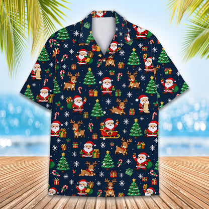 Lifestyle view of people wearing matching family hawaiian shirts in the navy christmas design