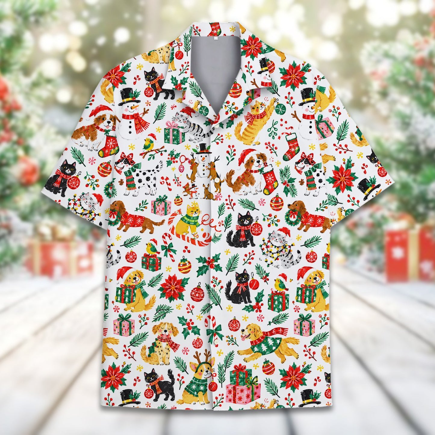 Back view of the holiday hawaiian shirt with snowmen and gifts