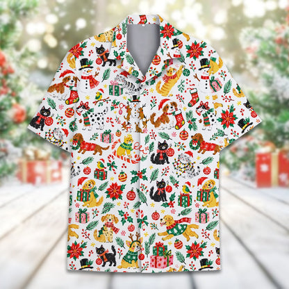 Back view of the holiday hawaiian shirt with snowmen and gifts