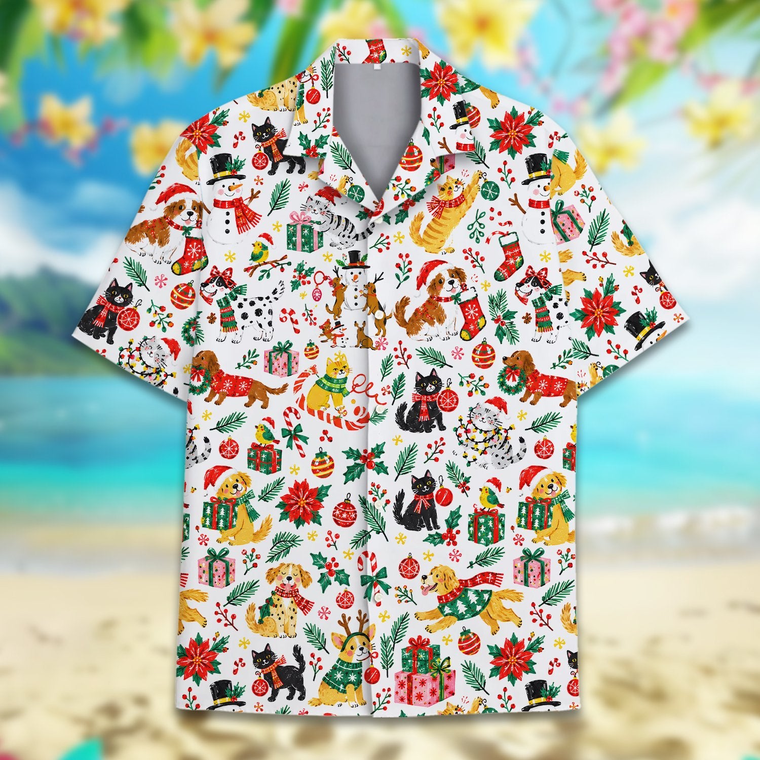 Detailed front view of the matching family hawaiian shirts for Christmas