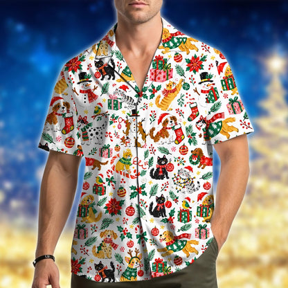 Front angle view of the festive pet pattern shirt