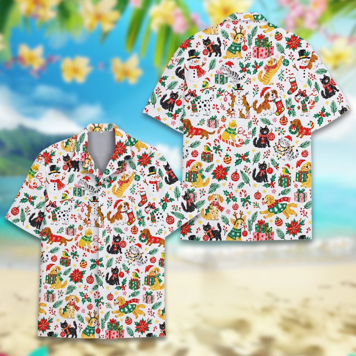 Front view of the white christmas hawaiian shirt featuring holiday pets