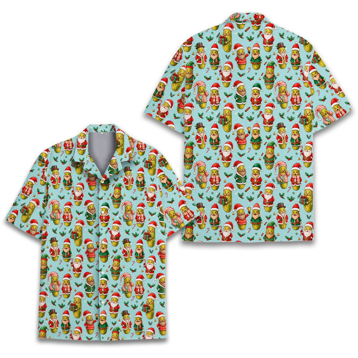 Close up front view of the holiday pickle hawaiian shirt