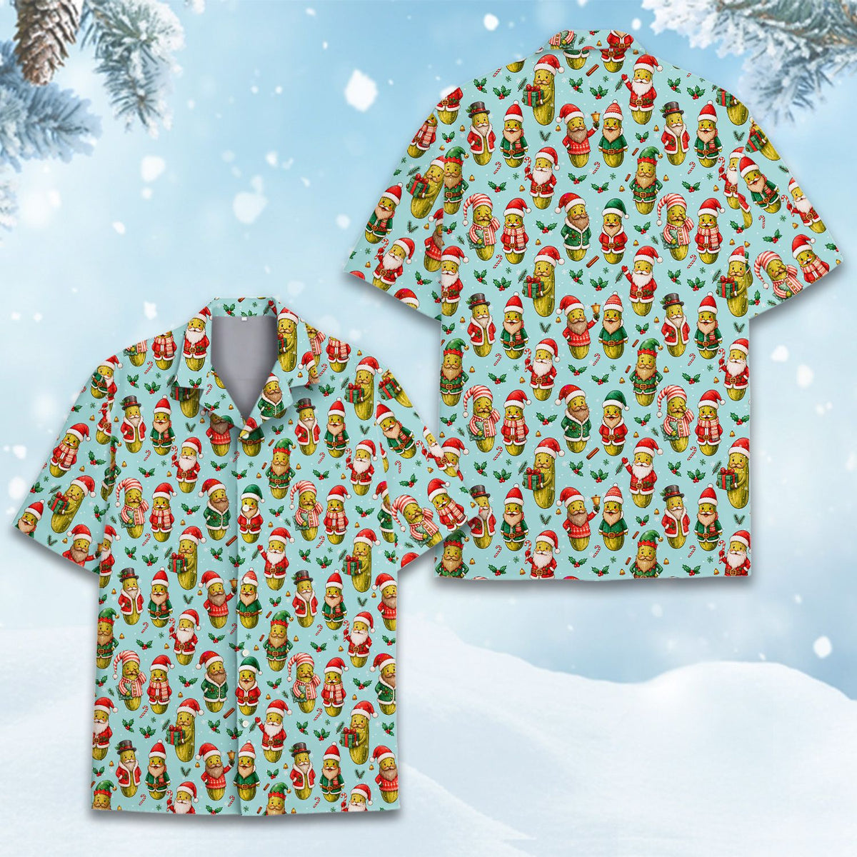 Flat lay front view of the christmas hawaiian shirt