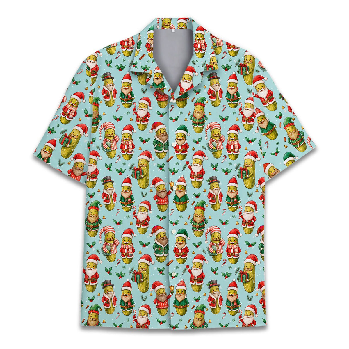 Front view of the christmas pickle hawaiian shirt
