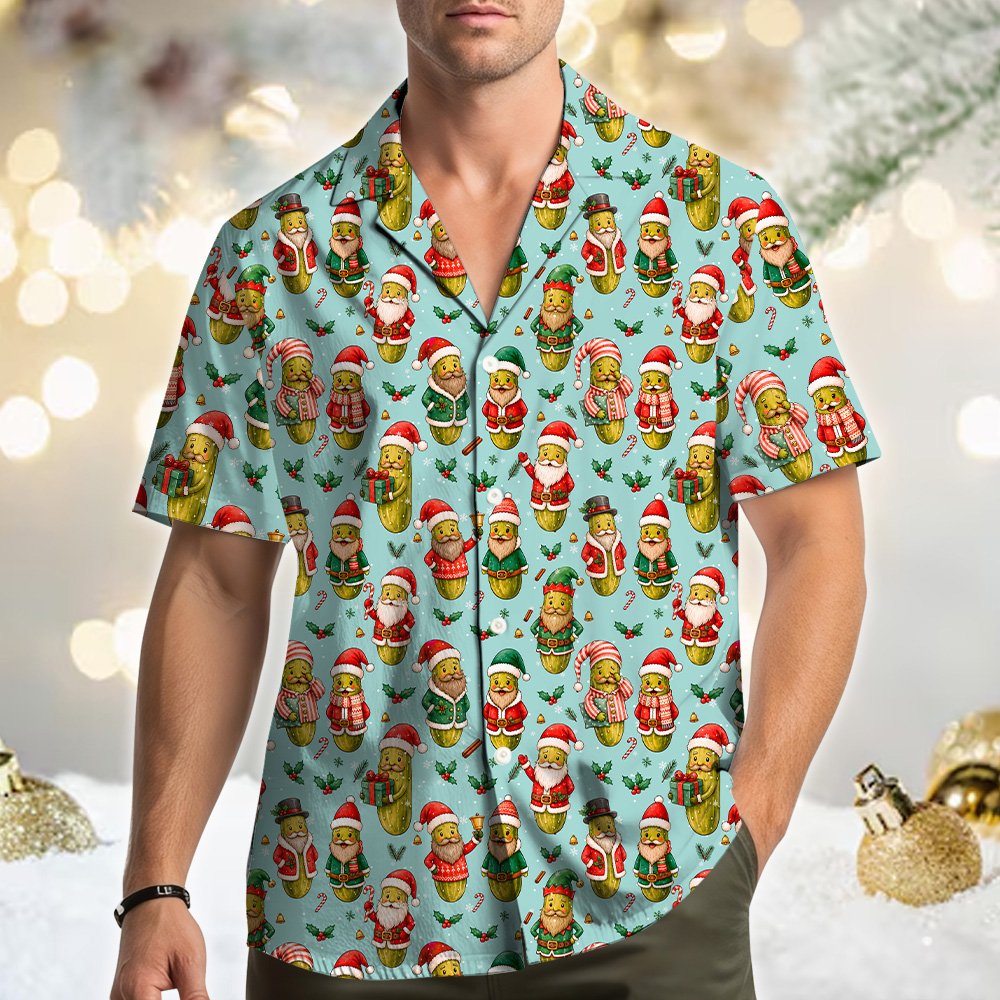 Lifestyle view of a person wearing the christmas pickle hawaiian shirt