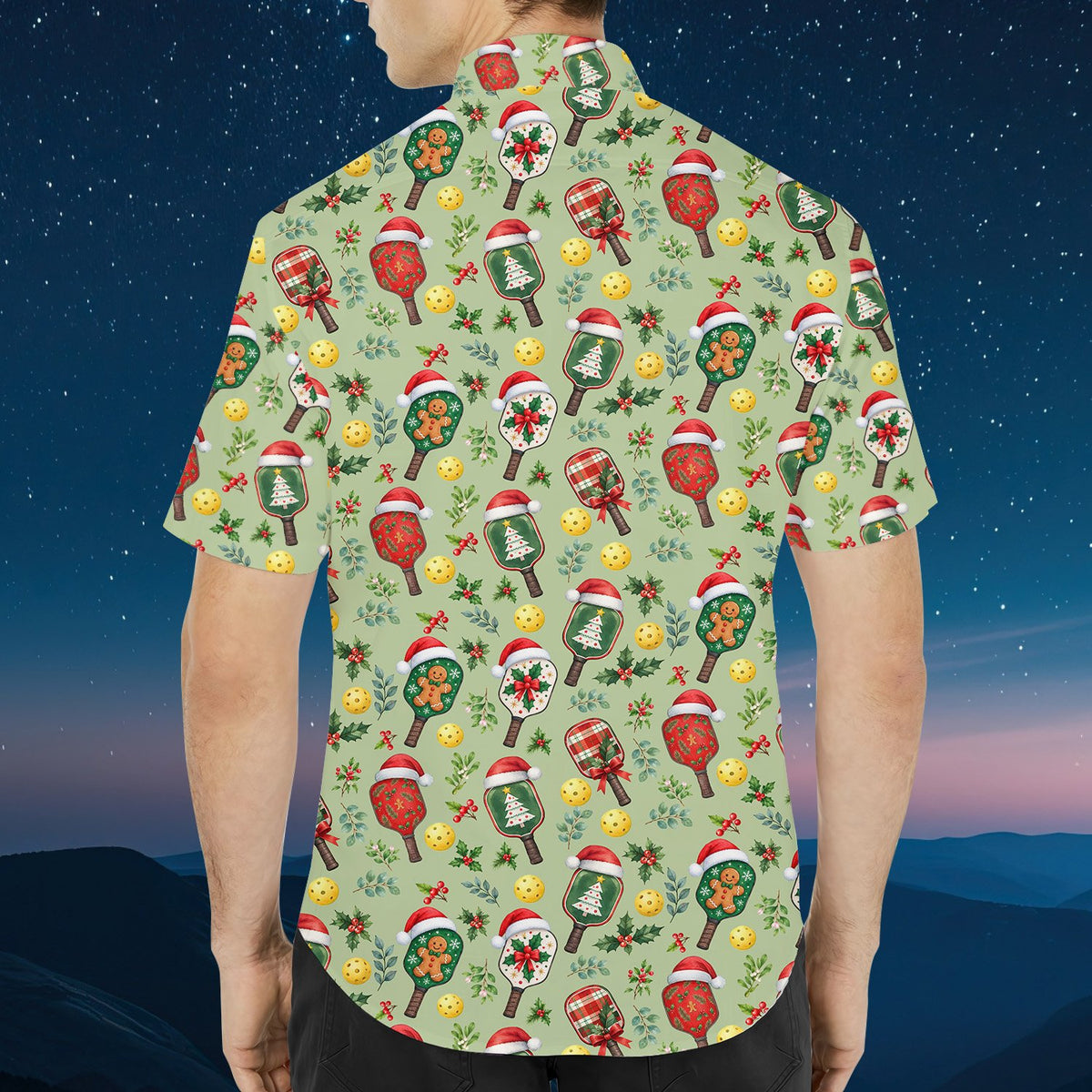 Flat back view of the green christmas pickleball hawaiian shirt