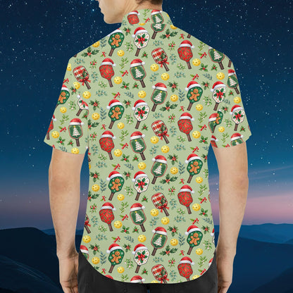 Flat back view of the green christmas pickleball hawaiian shirt