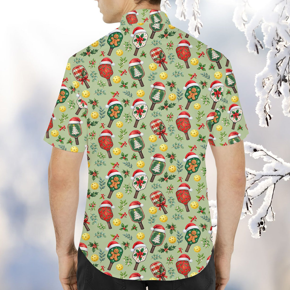 Back view of the matching family christmas pickleball hawaiian shirt