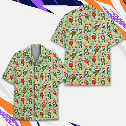 Detailed front view of the festive pickleball hawaiian shirt