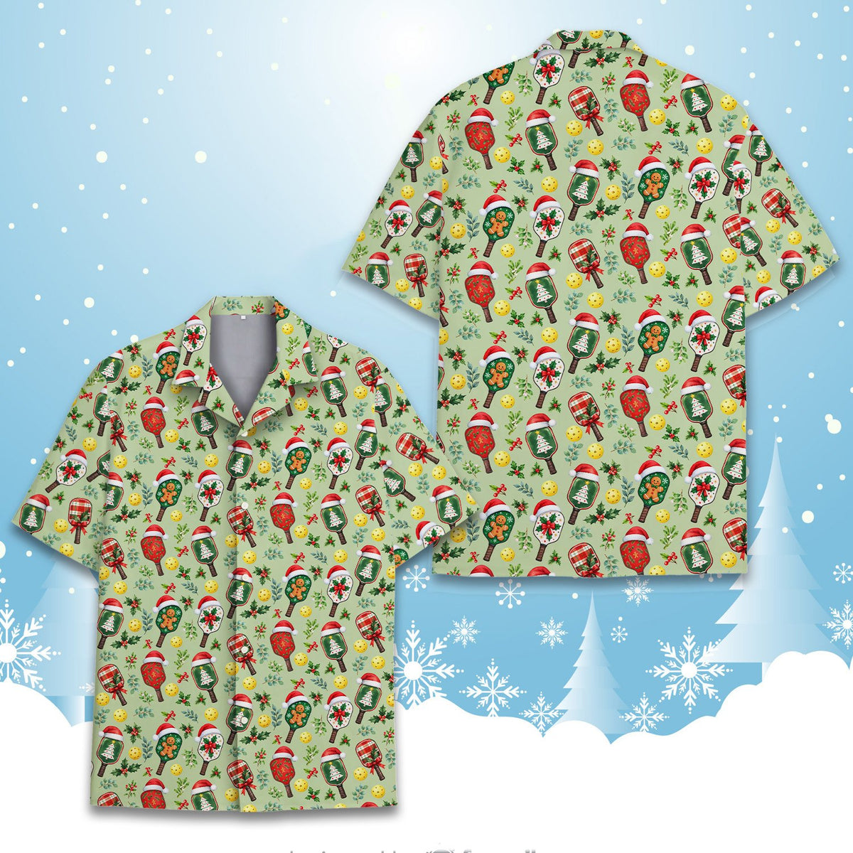 Main view of the matching family christmas pickleball hawaiian shirt in green