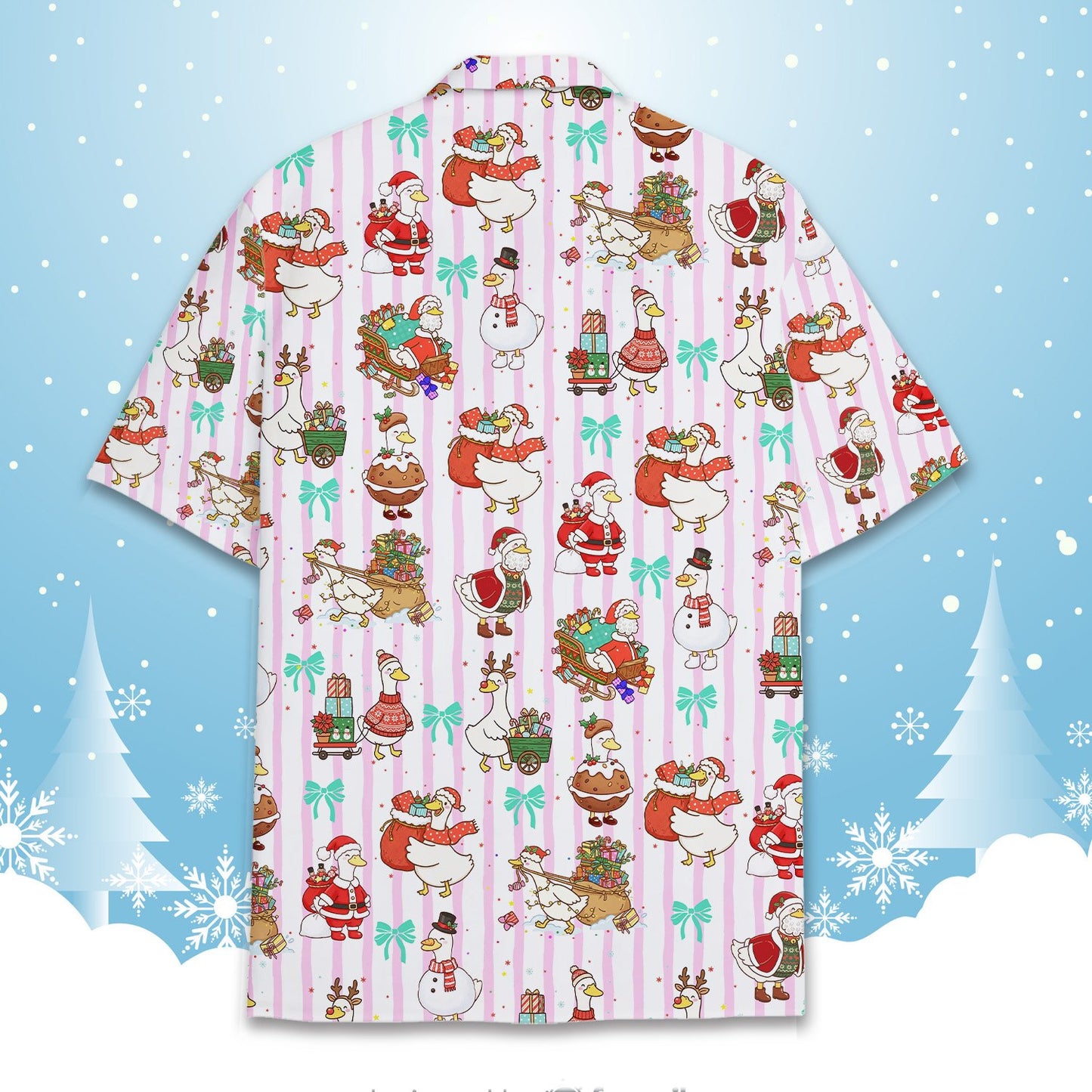 Back view 3 of matching family hawaiian shirts with festive print