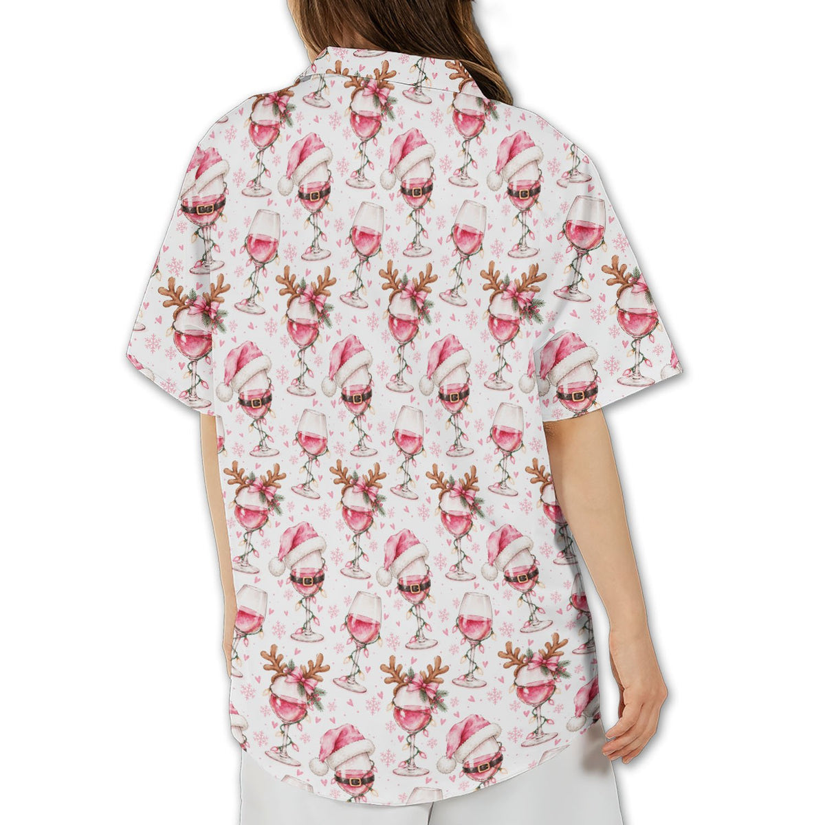 Back view of the holiday Hawaiian shirt with pink snowflakes