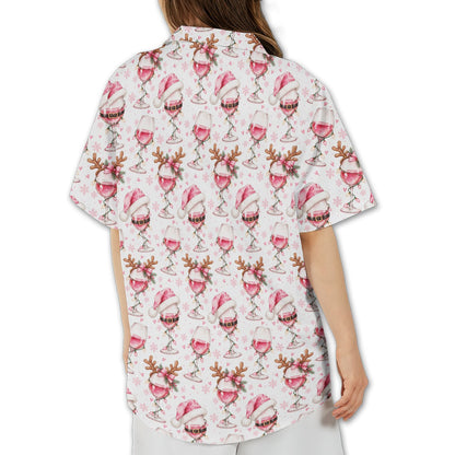 Back view of the holiday Hawaiian shirt with pink snowflakes