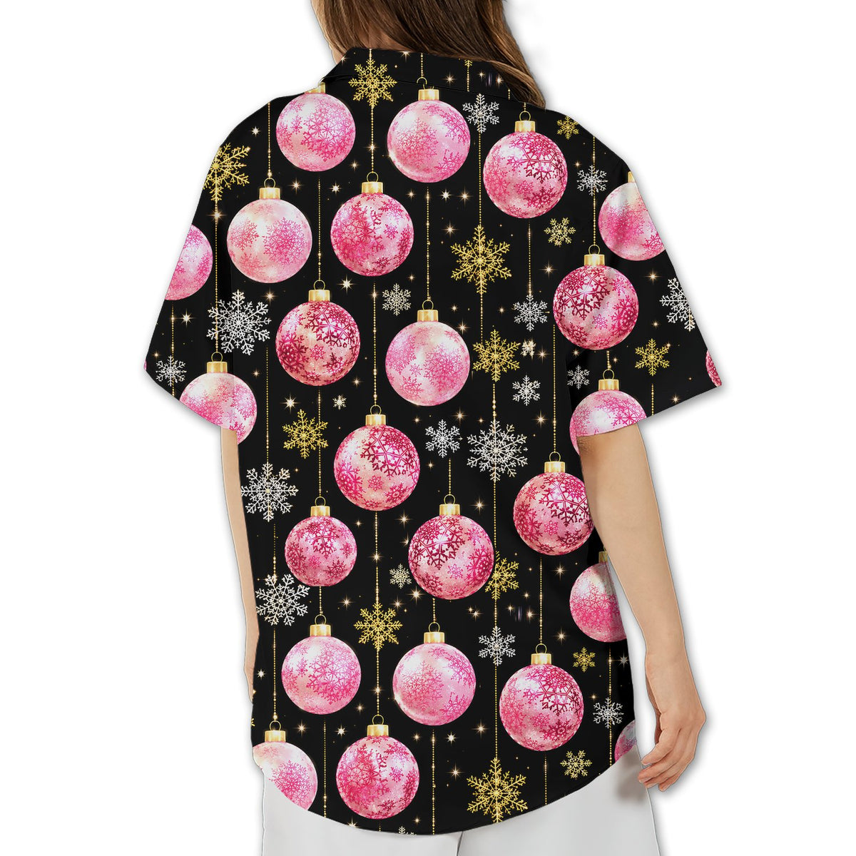 Back view of the black christmas hawaiian shirt with hanging pink ornaments