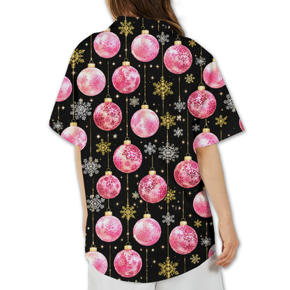 Back view of the black christmas hawaiian shirt with hanging pink ornaments