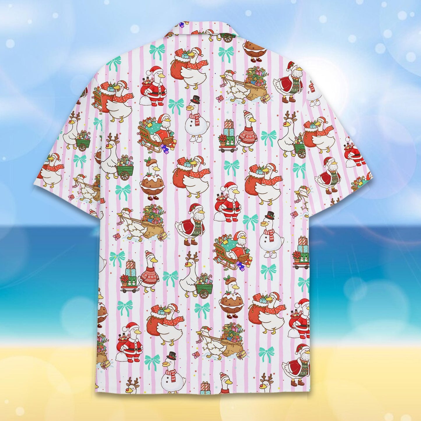 Back view of hawaiian shirt christmas with pink stripes