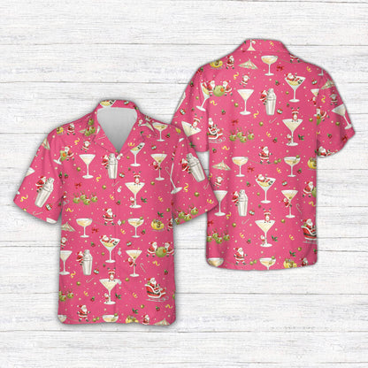 Pink matching family hawaiian shirt featuring Santa and cocktails, front view