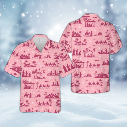 Pink matching family christmas hawaiian shirt, front view