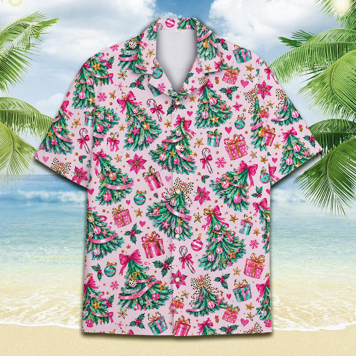 Detailed front view of the holiday hawaiian shirt on pink