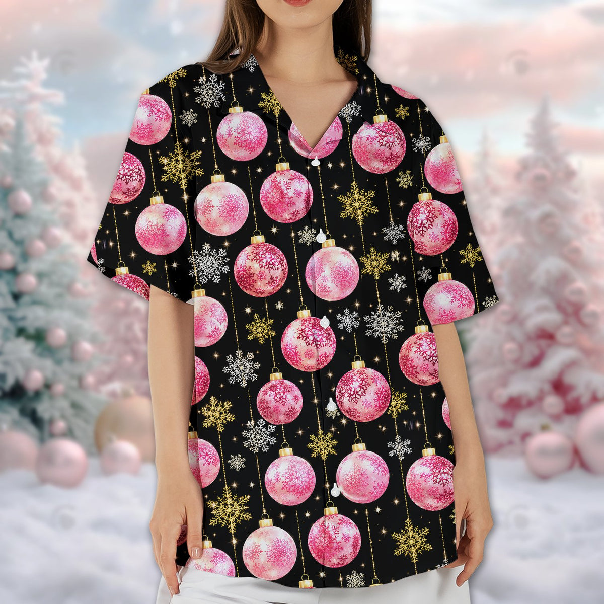 Another front view of the festive matching family hawaiian shirt