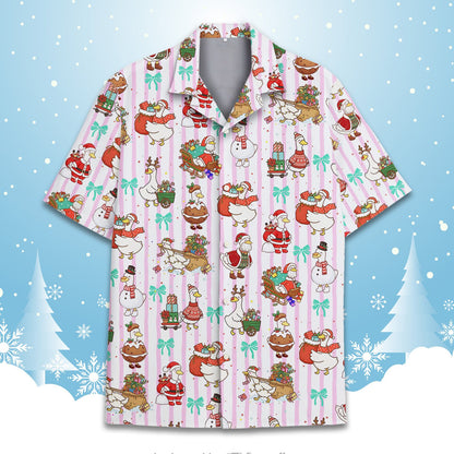 Front view 2 of matching family hawaiian shirts with pink stripes