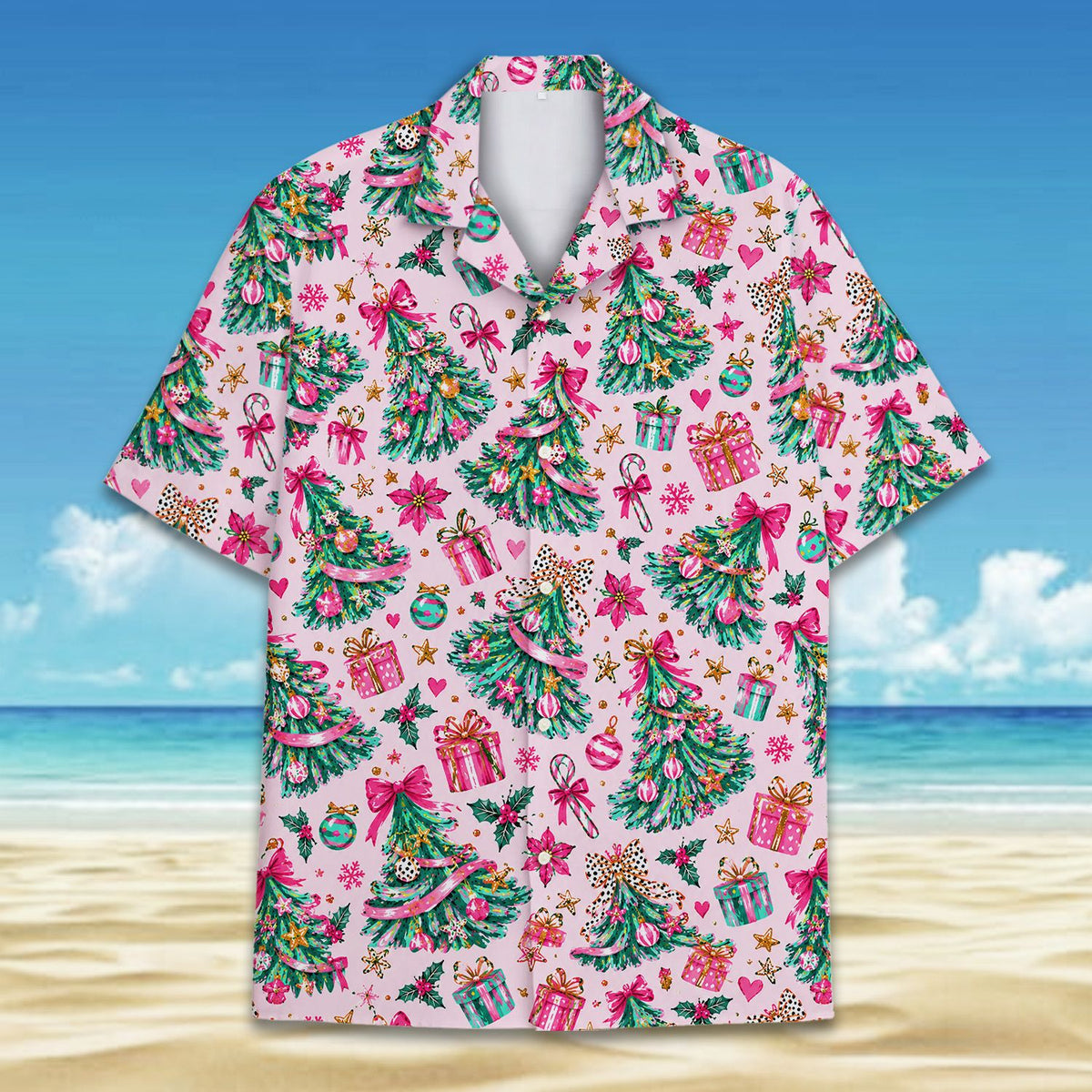 Close up front view of the hawaiian christmas shirt